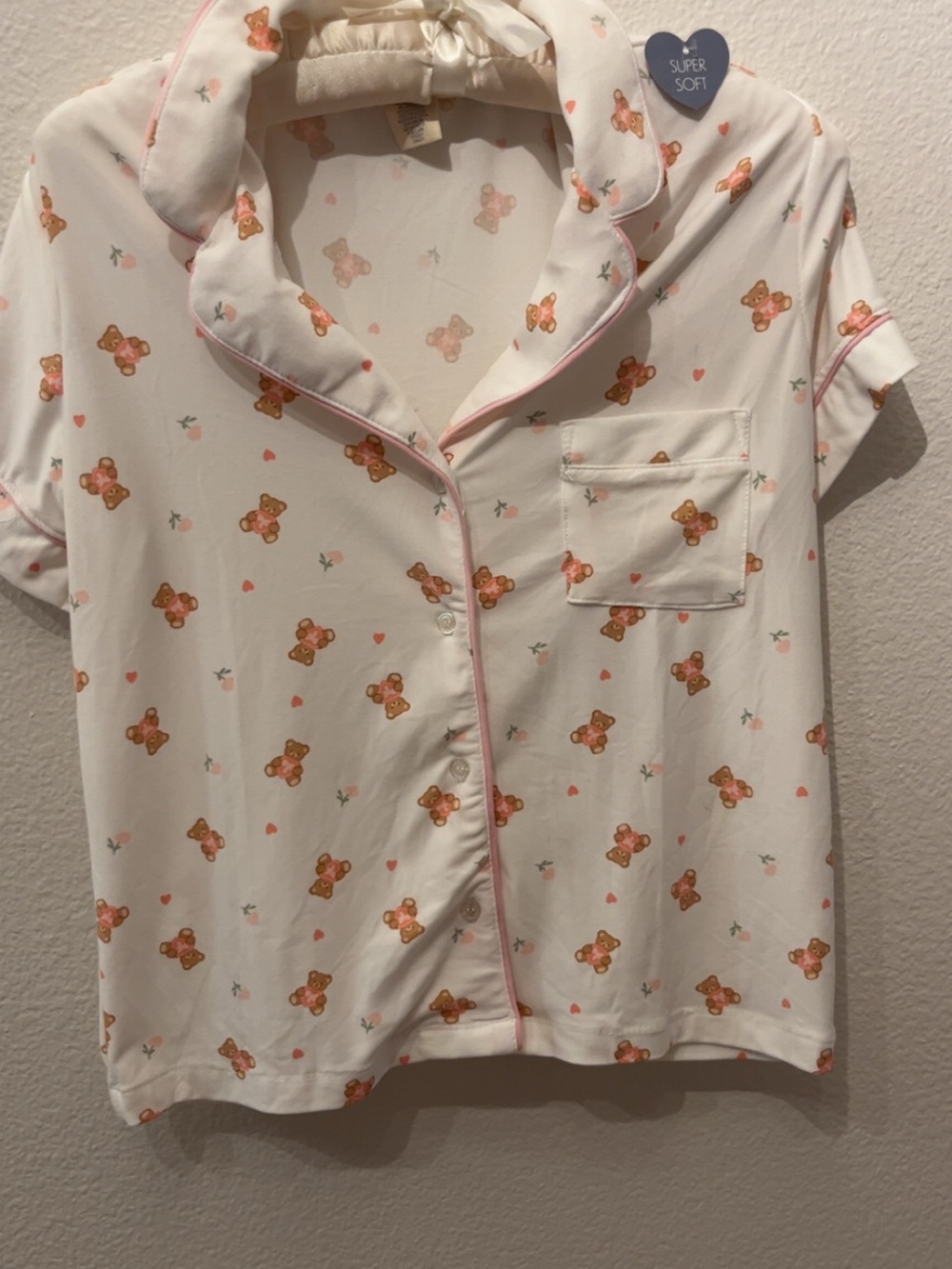 Indigo White Short-Sleeve Kids Pajama Top with Pink Trim and Teddy Bear Print